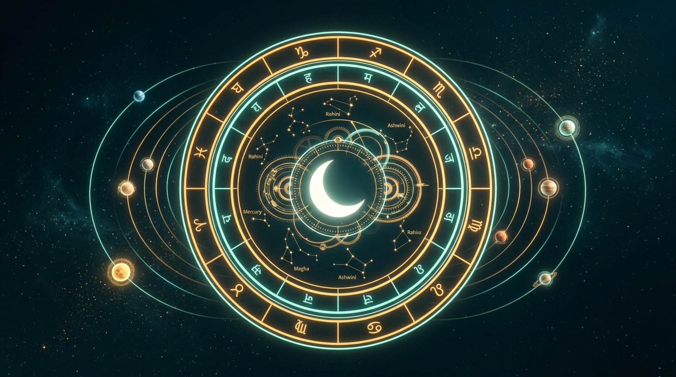 Celestial clockwork dial mapping start and end dates from natal Moon Nakshatra coordinates
