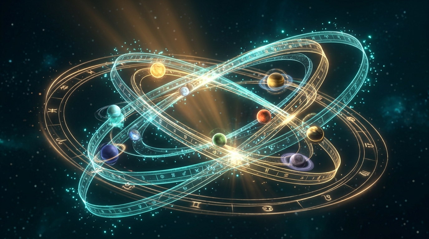 Curving geometric timeline ribbons illustrating upcoming planetary periods and life chapters