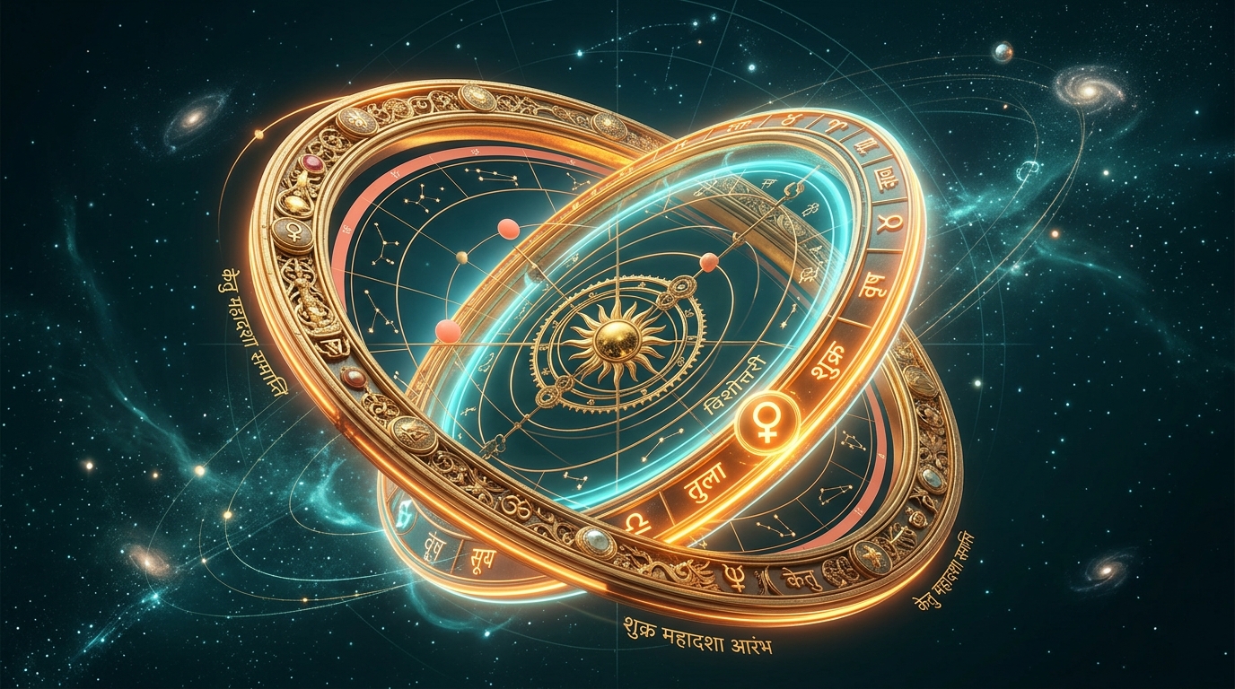 Intricate golden astrolabe with interlocking rings symbolizing the dawn of a new Mahadasha period